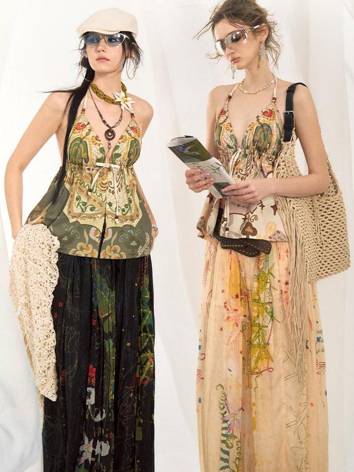 OfAkiva Dark Floral Graffiti Print Embroidered Pleated Lantern Women&