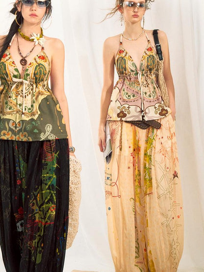 OfAkiva Dark Floral Graffiti Print Embroidered Pleated Lantern Women&