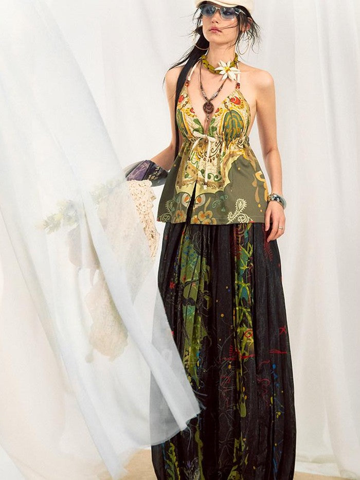 OfAkiva Dark Floral Graffiti Print Embroidered Pleated Lantern Women&