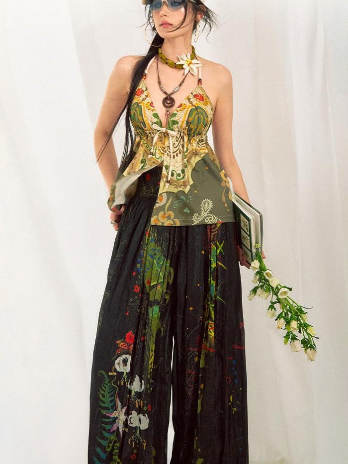 OfAkiva Dark Floral Graffiti Print Embroidered Pleated Lantern Women&