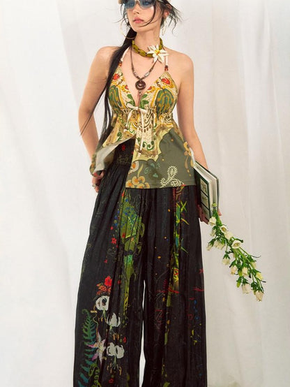 OfAkiva Dark Floral Graffiti Print Embroidered Pleated Lantern Women&