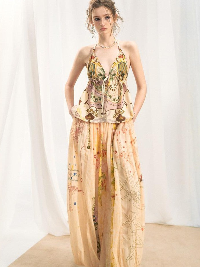 OfAkiva Dark Floral Graffiti Print Embroidered Pleated Lantern Women&
