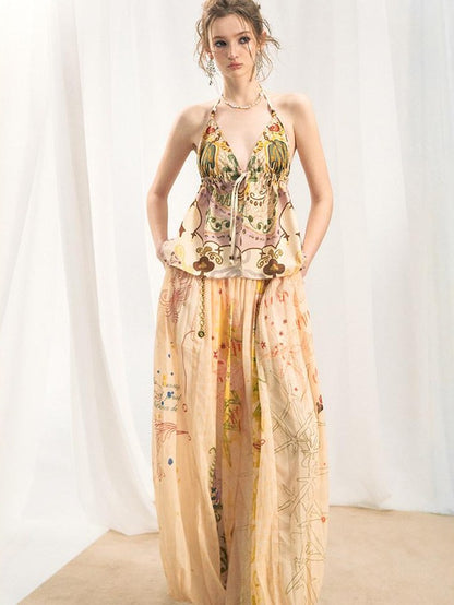 OfAkiva Dark Floral Graffiti Print Embroidered Pleated Lantern Women&