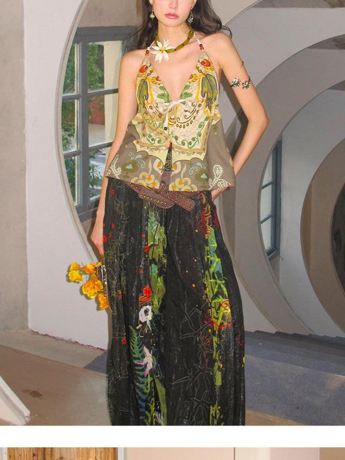OfAkiva Dark Floral Graffiti Print Embroidered Pleated Lantern Women&