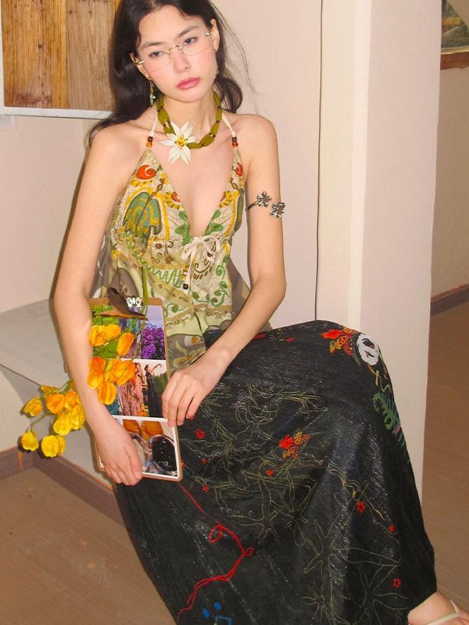 OfAkiva Dark Floral Graffiti Print Embroidered Pleated Lantern Women&