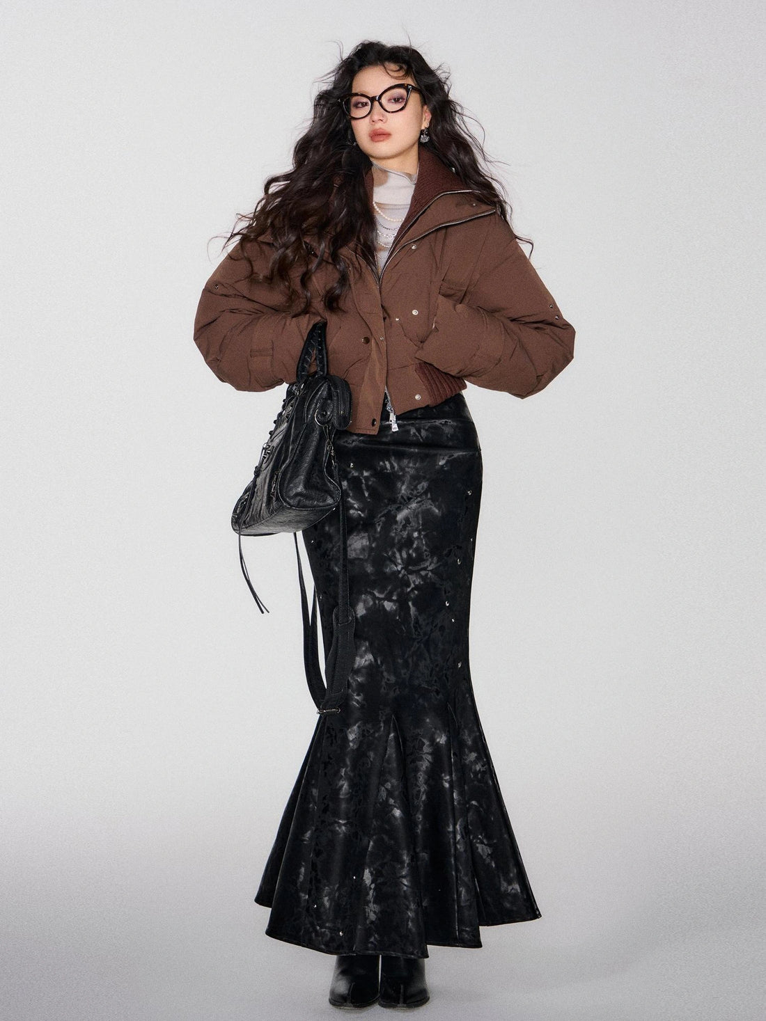 OfAkiva Deconstructed Dual Zip Knit Paneled Studded Down Jacket