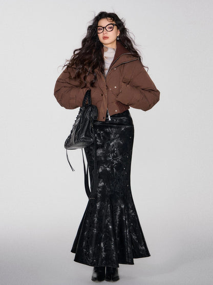 OfAkiva Deconstructed Dual Zip Knit Paneled Studded Down Jacket