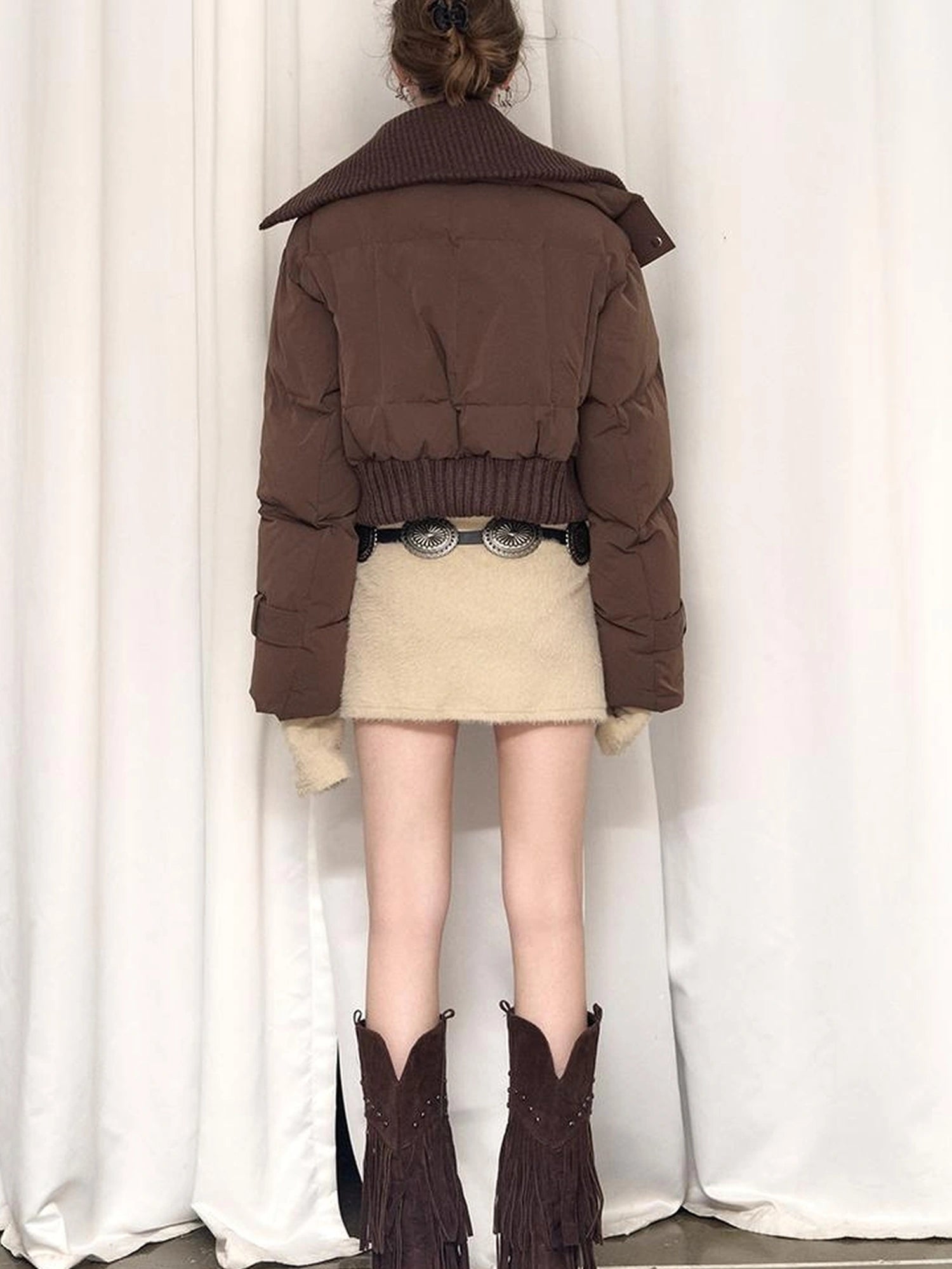 OfAkiva Deconstructed Dual Zip Knit Paneled Studded Down Jacket