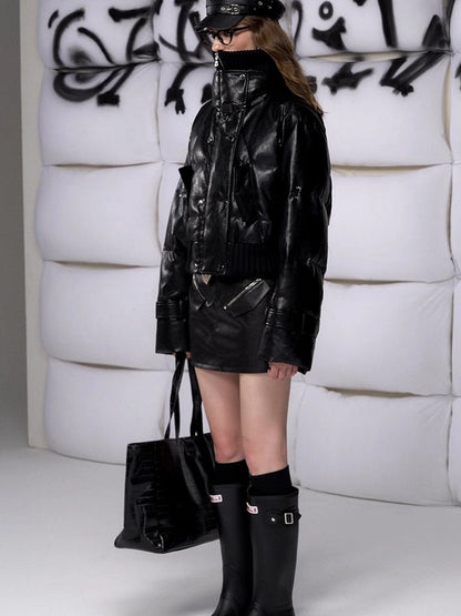 OfAkiva Deconstructed Dual Zip Knit Paneled Studded Down Jacket