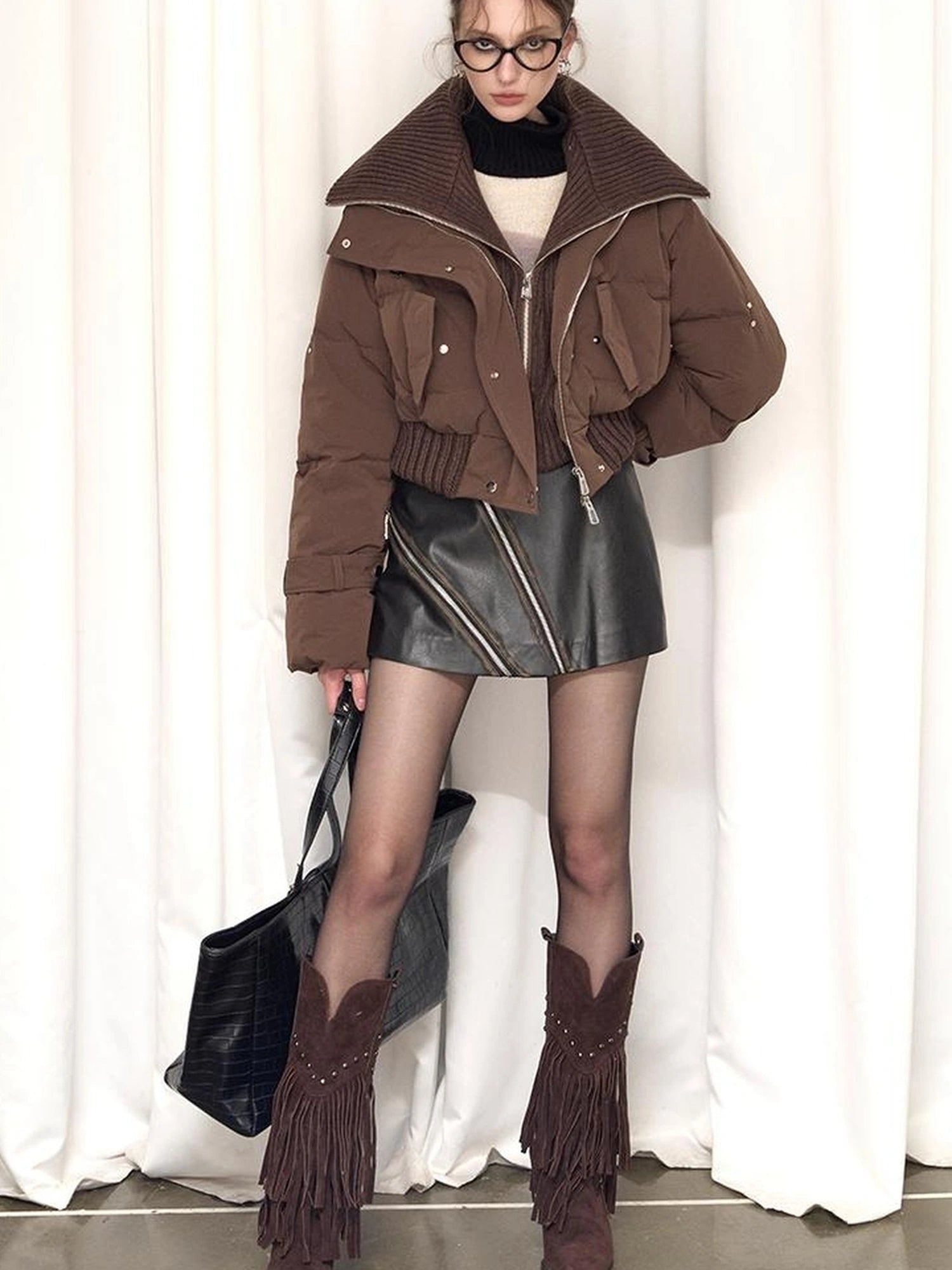 OfAkiva Deconstructed Dual Zip Knit Paneled Studded Down Jacket