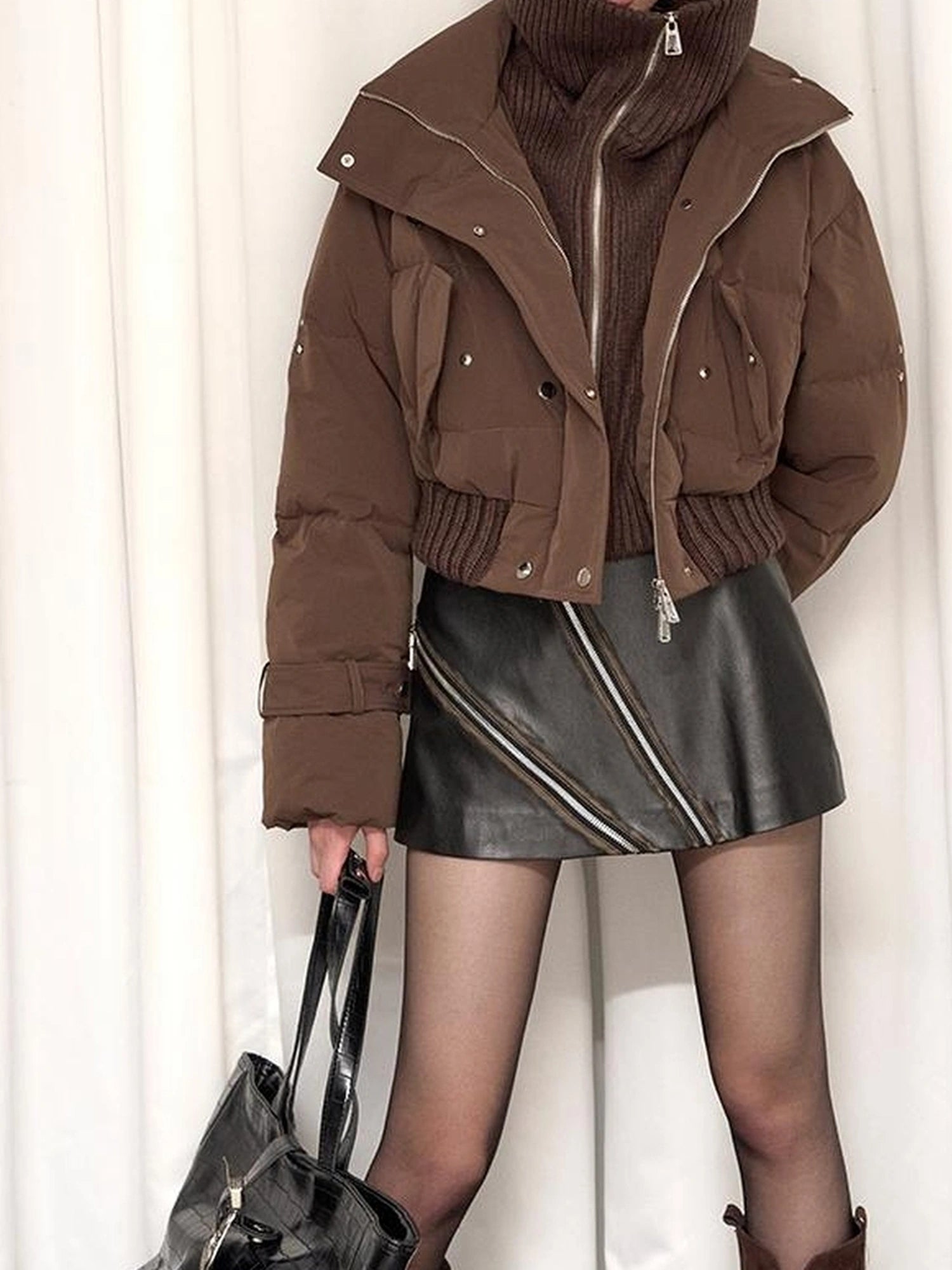 OfAkiva Deconstructed Dual Zip Knit Paneled Studded Down Jacket