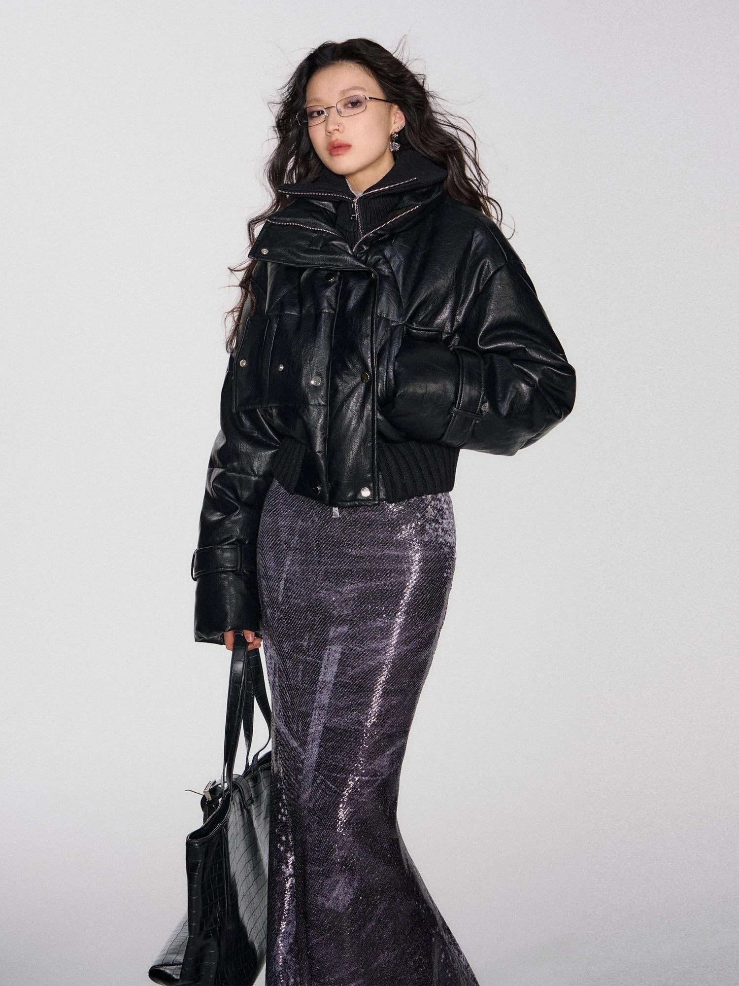 OfAkiva Deconstructed Dual Zip Knit Paneled Studded Down Jacket