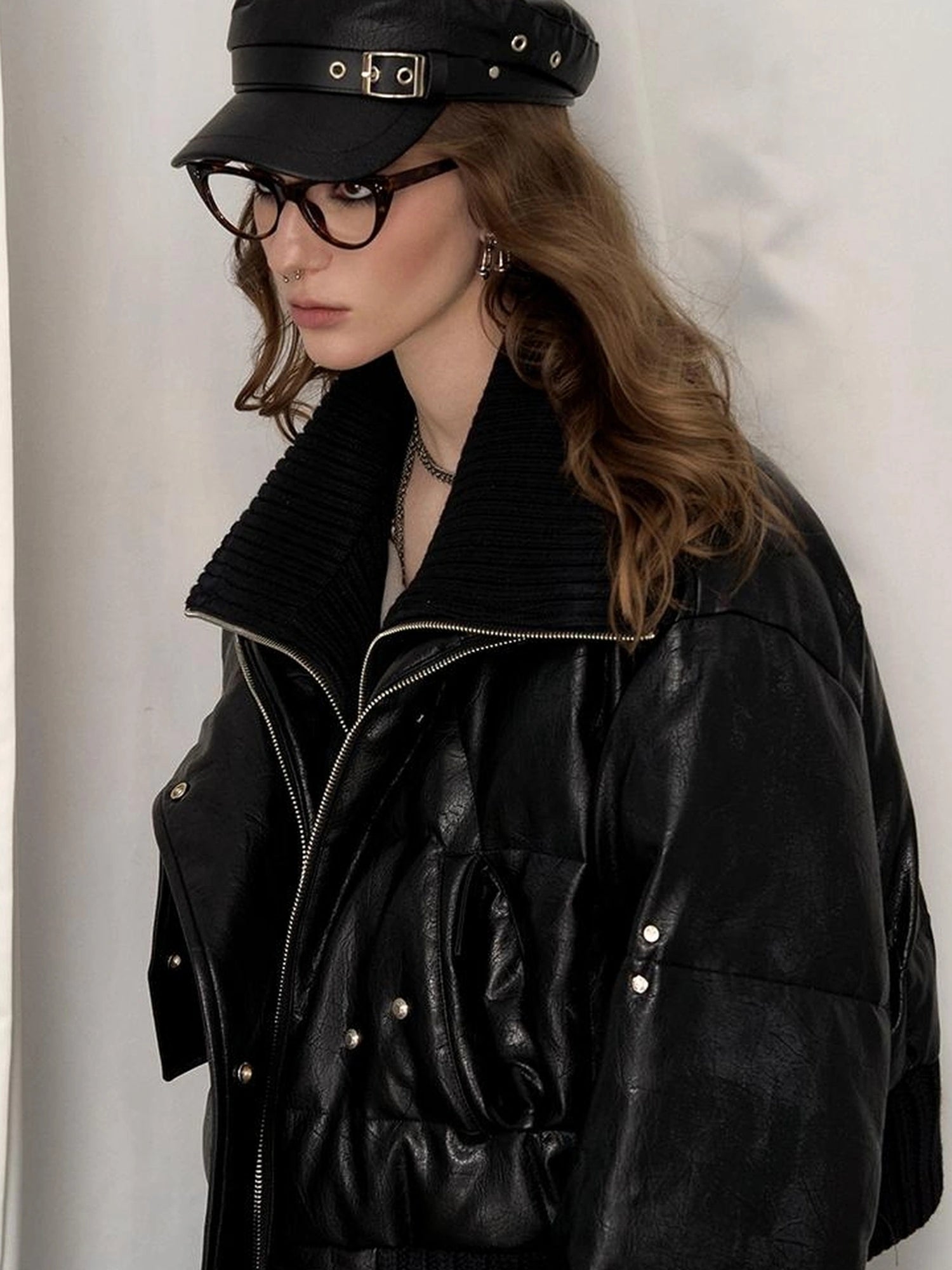 OfAkiva Deconstructed Dual Zip Knit Paneled Studded Down Jacket