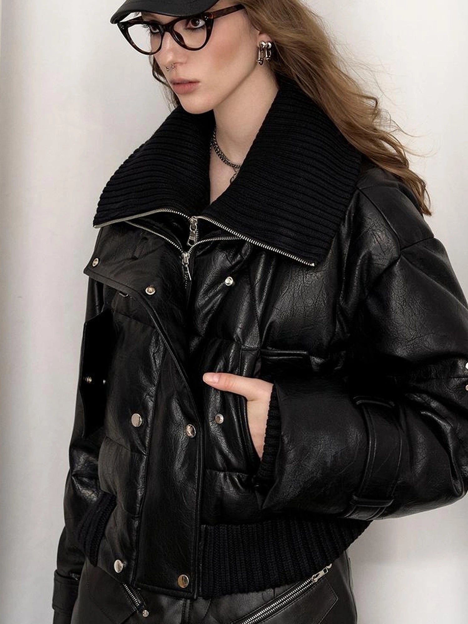 OfAkiva Deconstructed Dual Zip Knit Paneled Studded Down Jacket