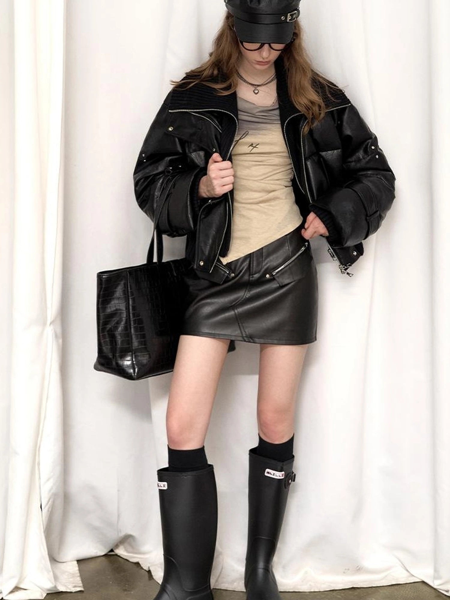 OfAkiva Deconstructed Dual Zip Knit Paneled Studded Down Jacket