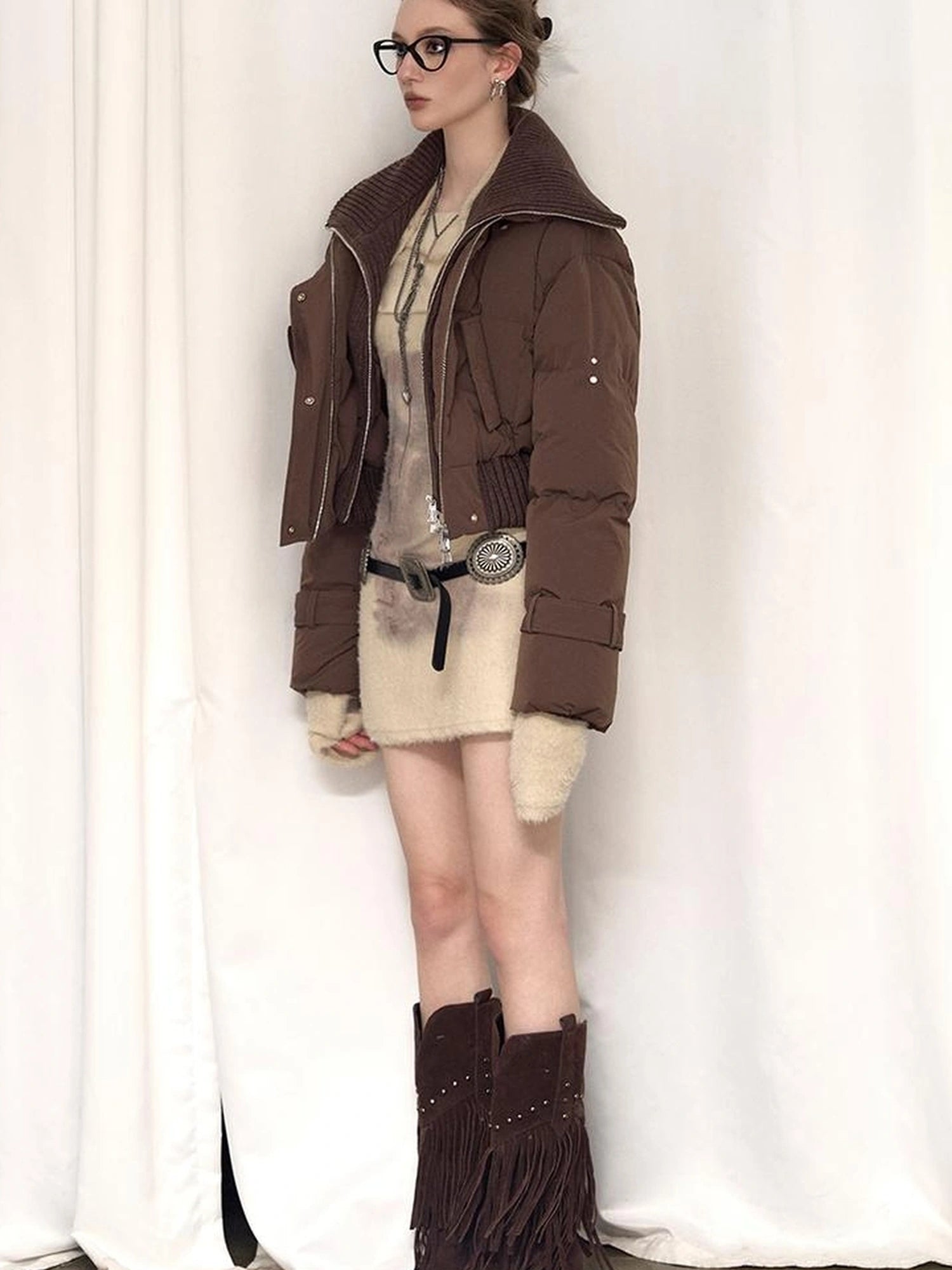 OfAkiva Deconstructed Dual Zip Knit Paneled Studded Down Jacket