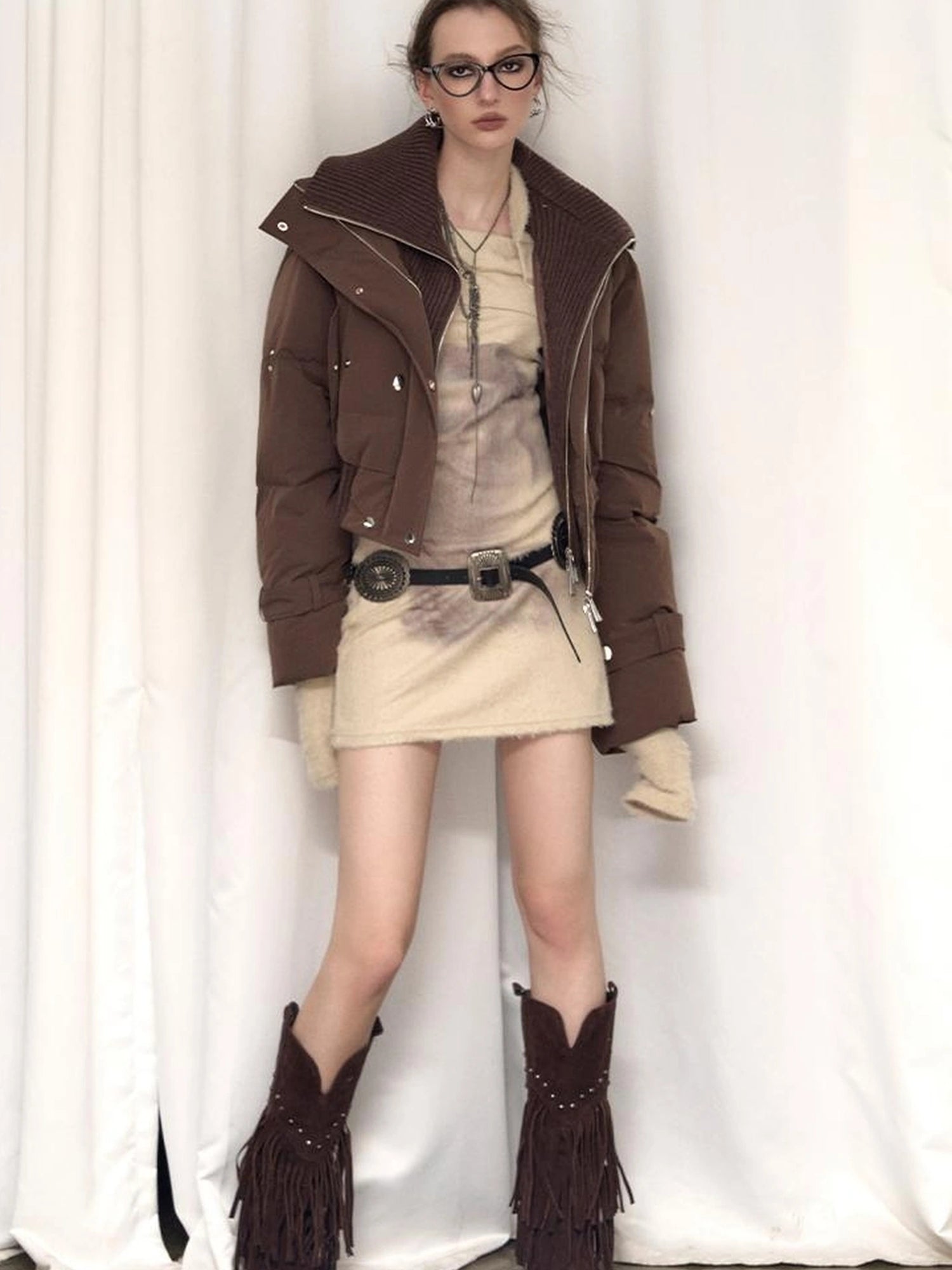 OfAkiva Deconstructed Dual Zip Knit Paneled Studded Down Jacket