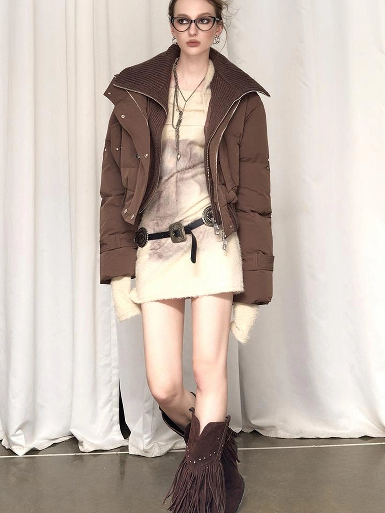 OfAkiva Deconstructed Dual Zip Knit Paneled Studded Down Jacket