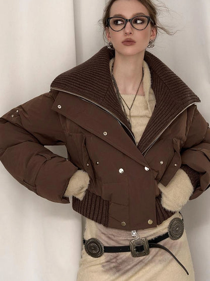 OfAkiva Deconstructed Dual Zip Knit Paneled Studded Down Jacket