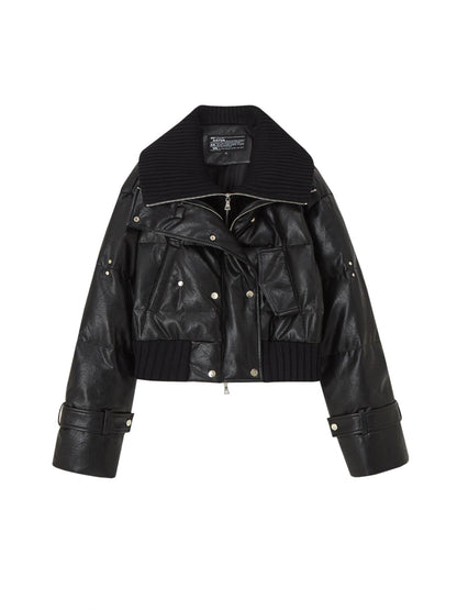 OfAkiva Deconstructed Dual Zip Knit Paneled Studded Down Jacket