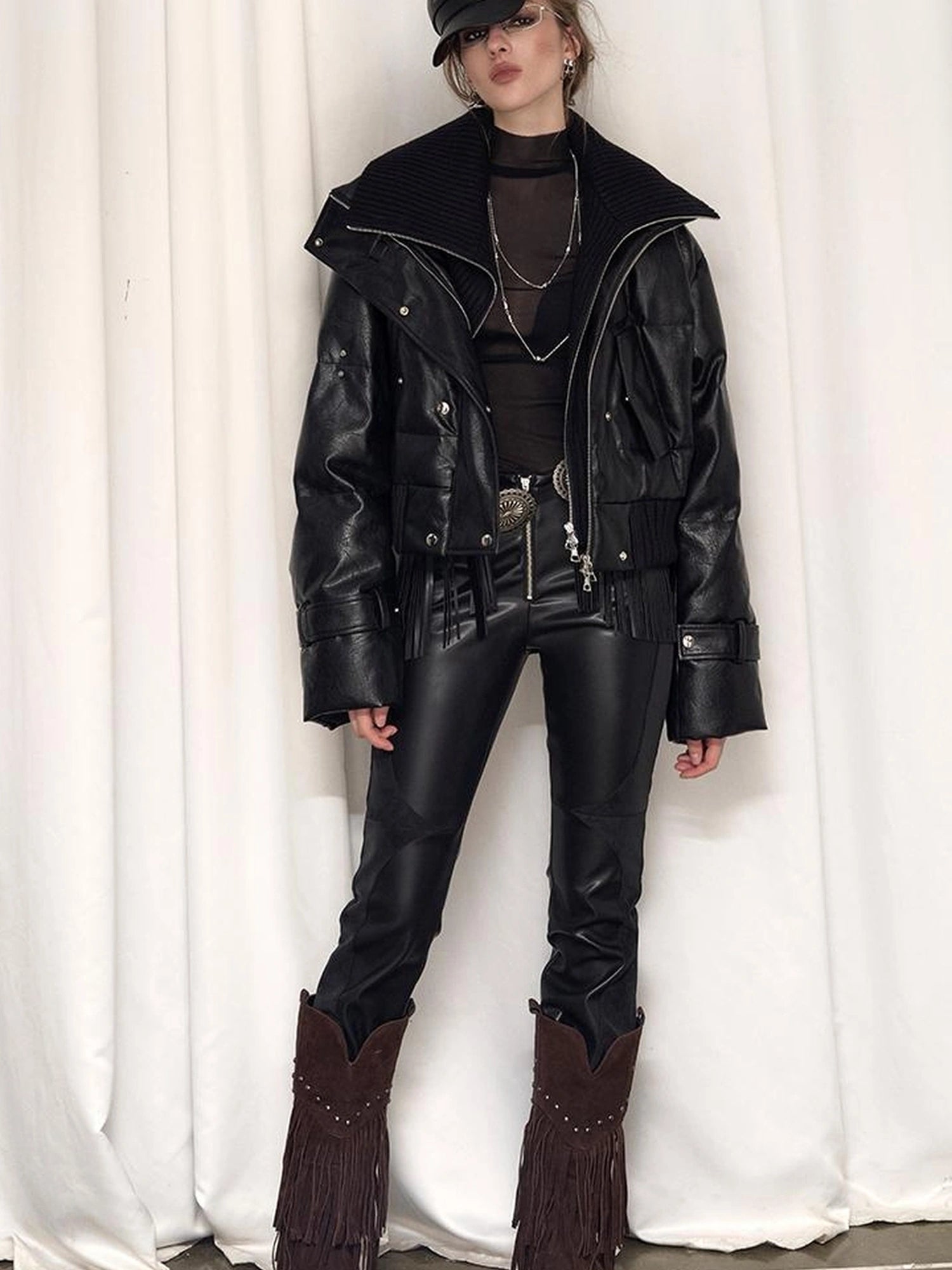 OfAkiva Deconstructed Dual Zip Knit Paneled Studded Down Jacket