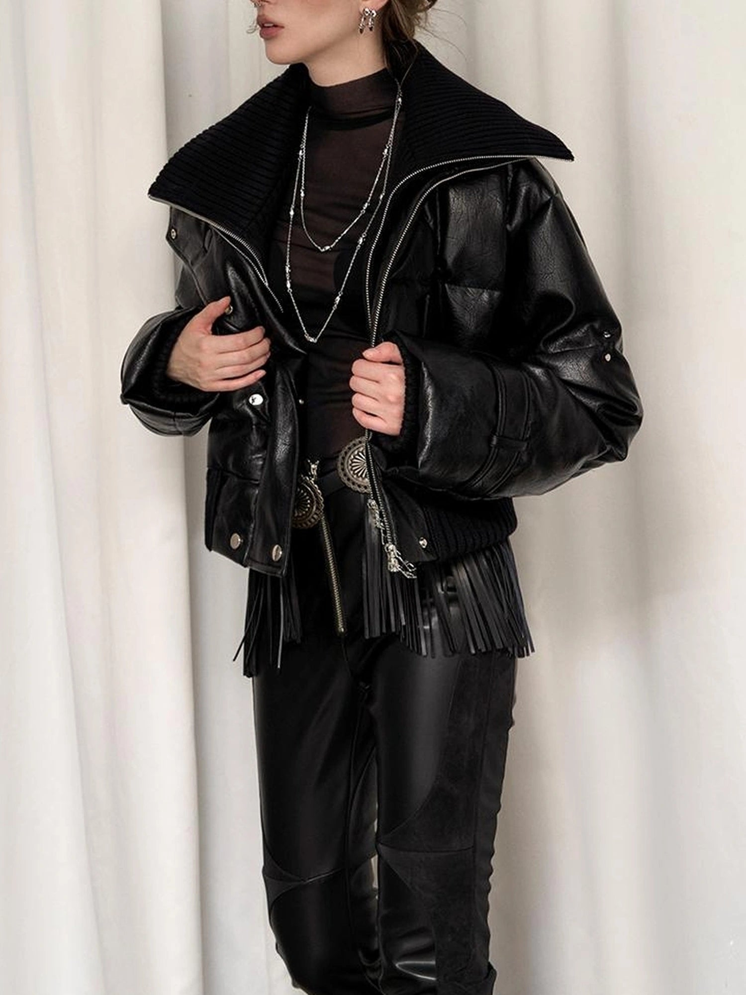 OfAkiva Deconstructed Dual Zip Knit Paneled Studded Down Jacket