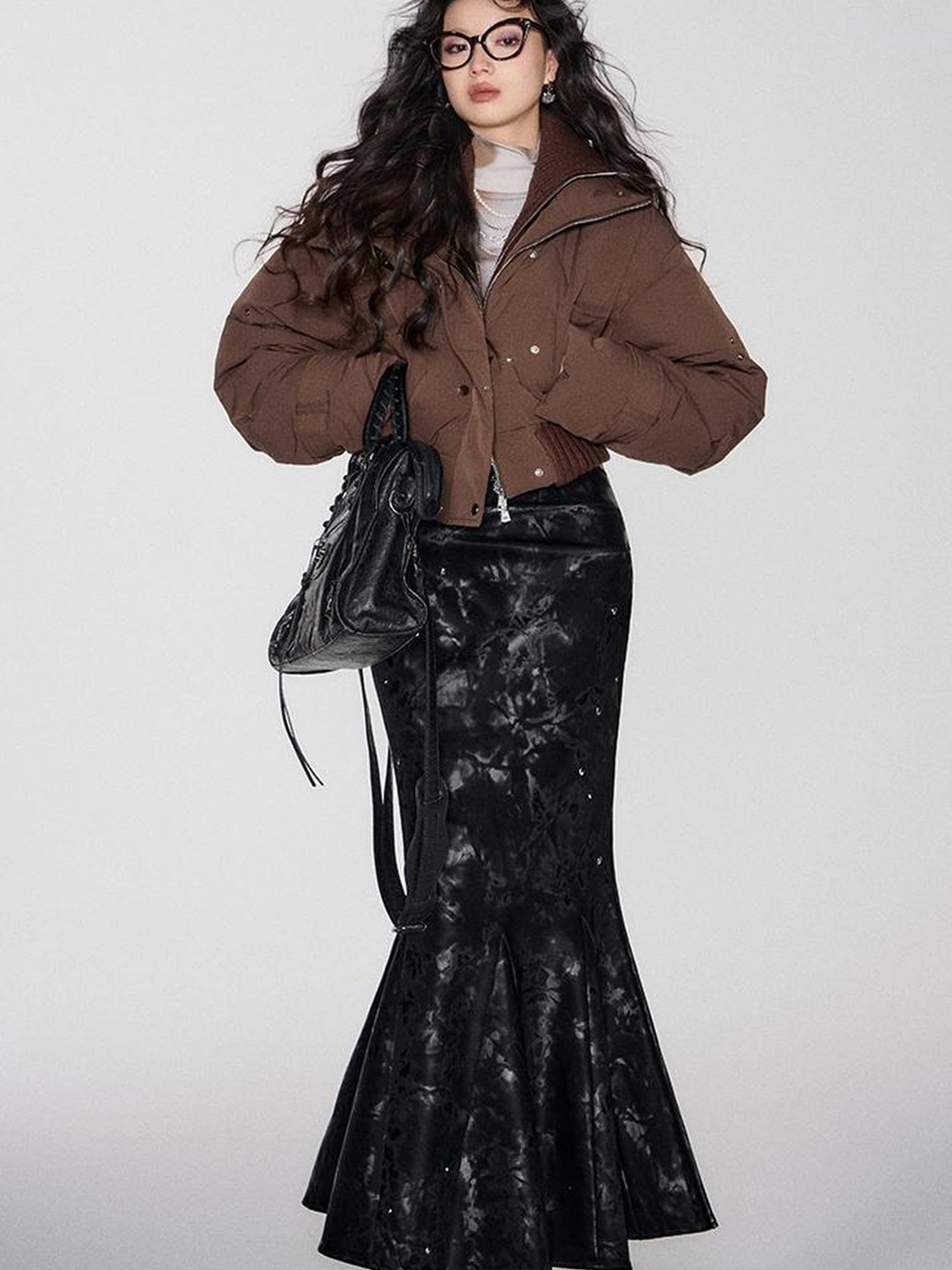 OfAkiva Deconstructed Dual Zip Knit Paneled Studded Down Jacket