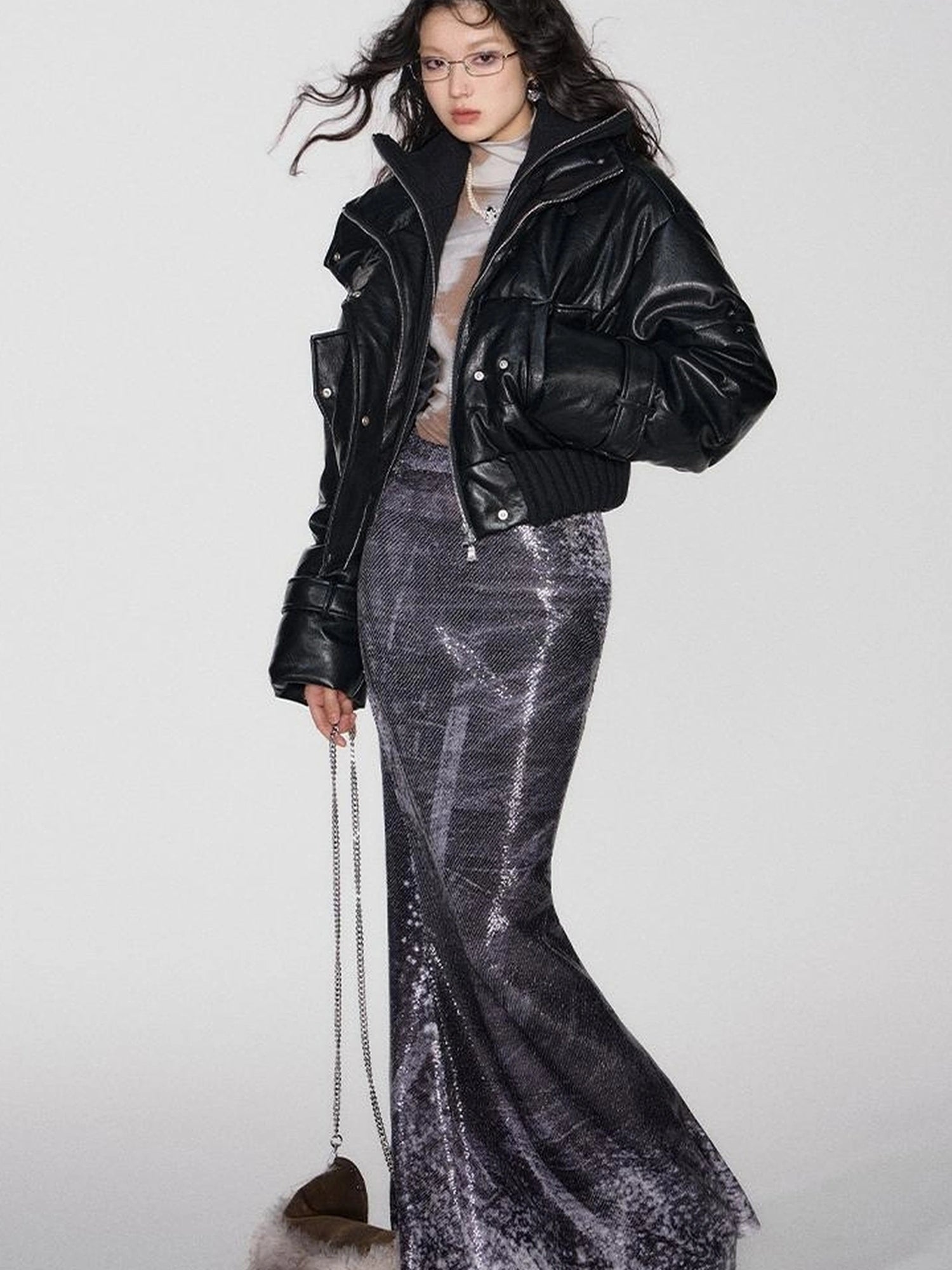 OfAkiva Deconstructed Dual Zip Knit Paneled Studded Down Jacket