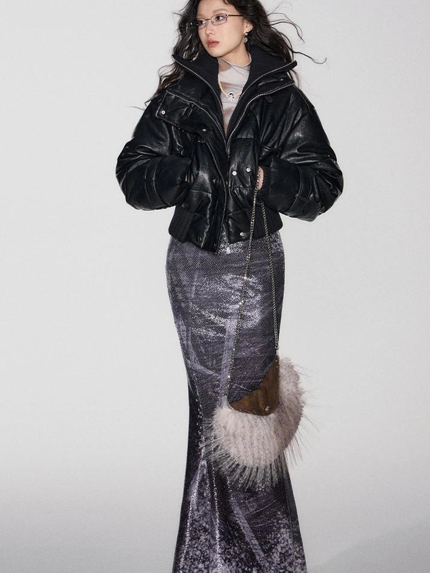 OfAkiva Deconstructed Dual Zip Knit Paneled Studded Down Jacket