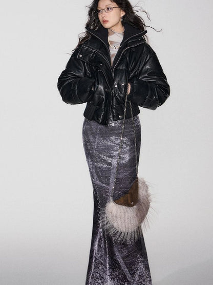 OfAkiva Deconstructed Dual Zip Knit Paneled Studded Down Jacket