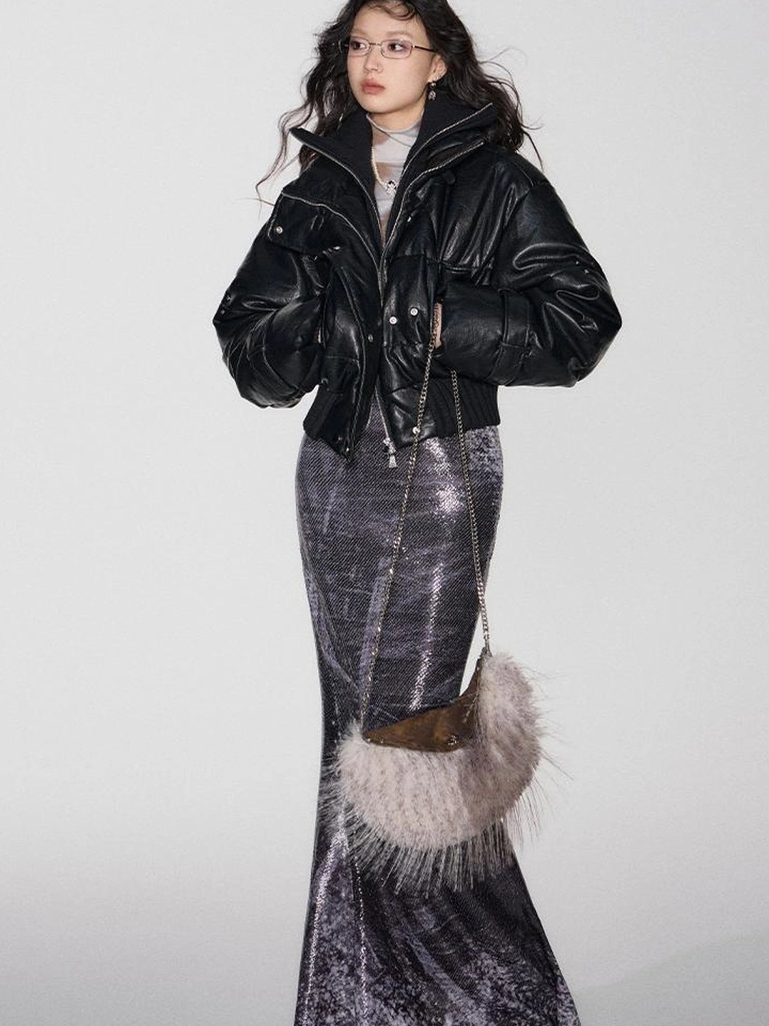 OfAkiva Deconstructed Dual Zip Knit Paneled Studded Down Jacket