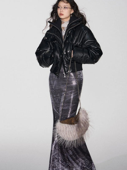 OfAkiva Deconstructed Dual Zip Knit Paneled Studded Down Jacket