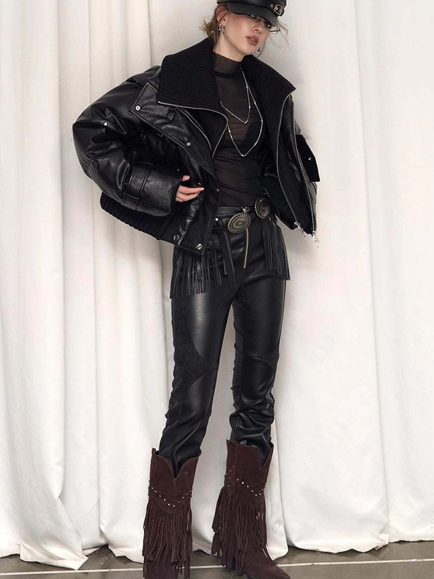 OfAkiva Deconstructed Dual Zip Knit Paneled Studded Down Jacket