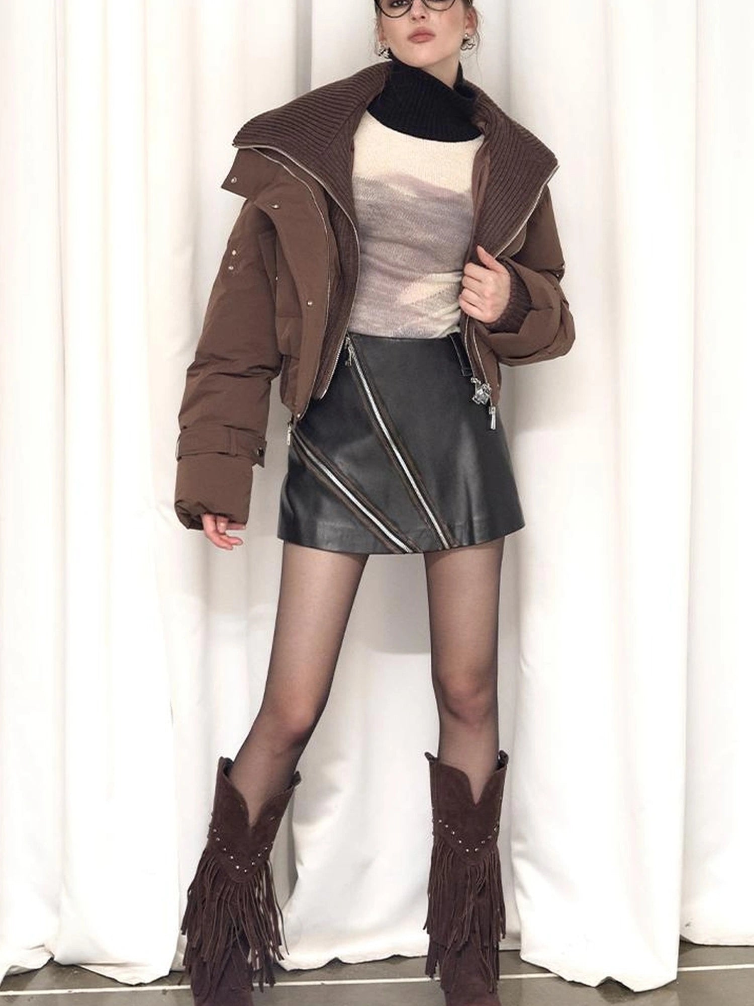 OfAkiva Deconstructed Dual Zip Knit Paneled Studded Down Jacket