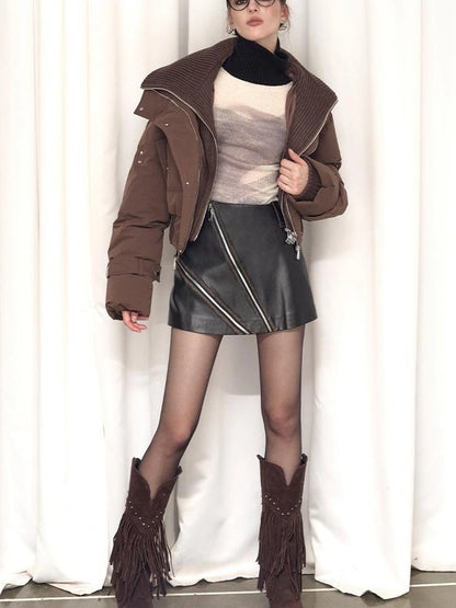 OfAkiva Deconstructed Dual Zip Knit Paneled Studded Down Jacket