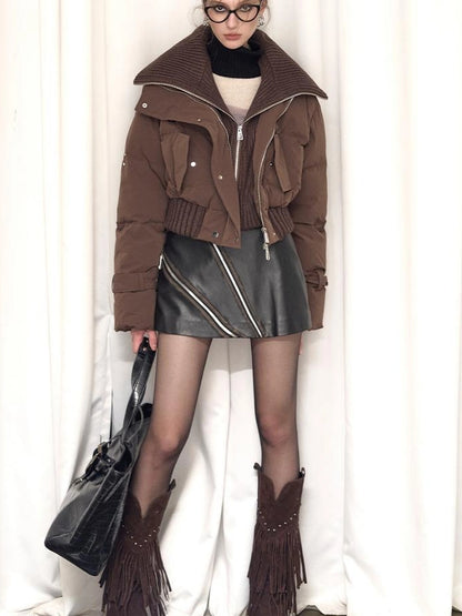 OfAkiva Deconstructed Dual Zip Knit Paneled Studded Down Jacket