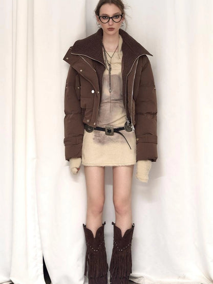 OfAkiva Deconstructed Dual Zip Knit Paneled Studded Down Jacket