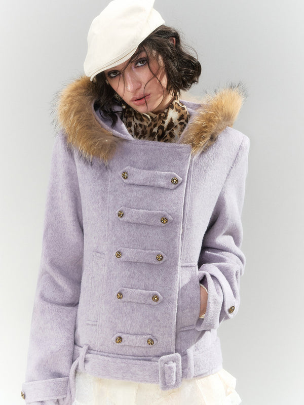 Detachable Raccoon Fur Hooded Napoleon Waist Cinched Slim Women's Wool Coats