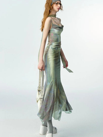 OfAkiva Diamond Chain Print Daisy Slip V-neck Dress