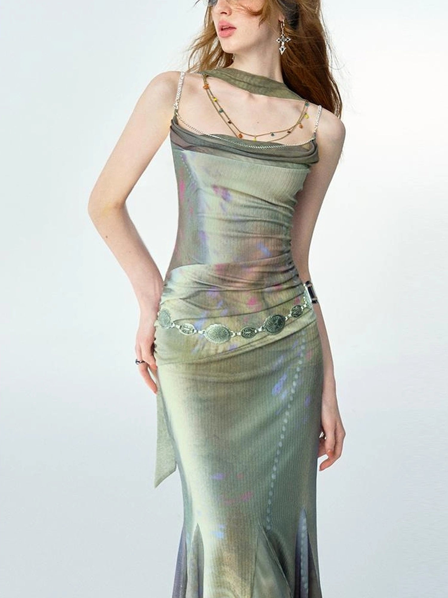 OfAkiva Diamond Chain Print Daisy Slip V-neck Dress