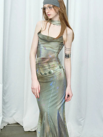 OfAkiva Diamond Chain Print Daisy Slip V-neck Dress