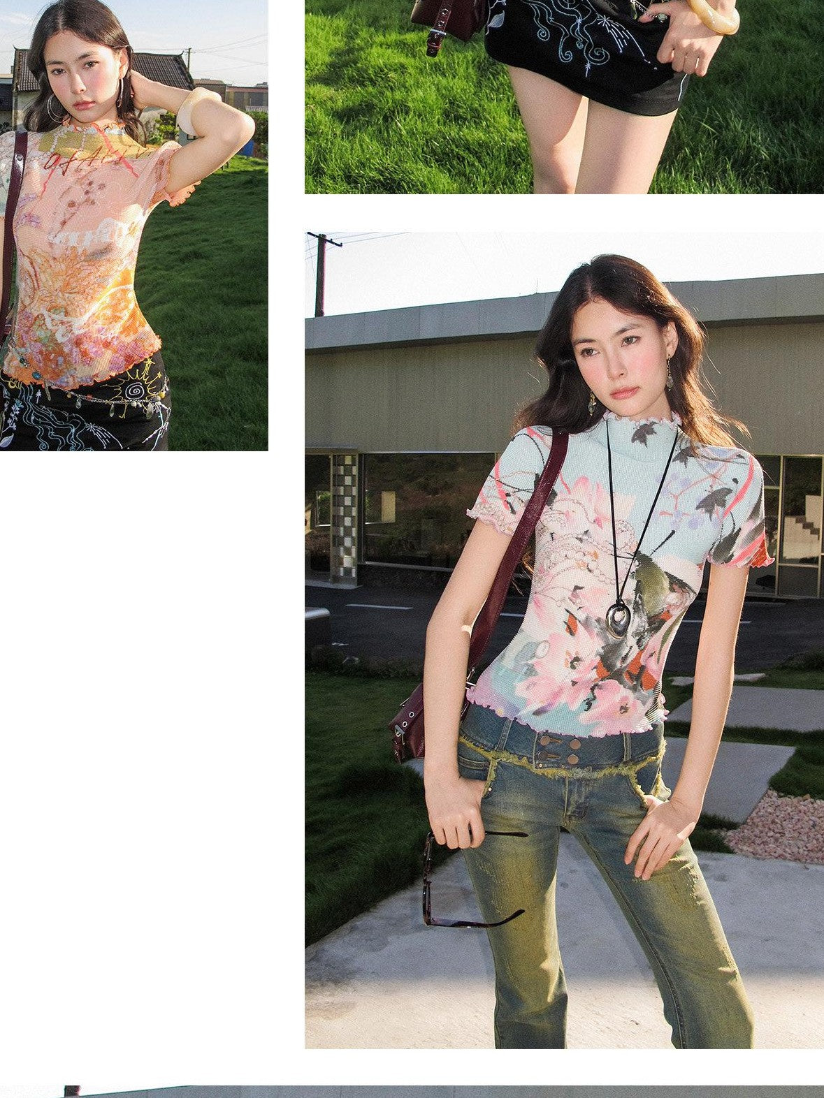 OfAkiva Dream Fragment Ruched Stretch Printed Lettuce Edge Women&