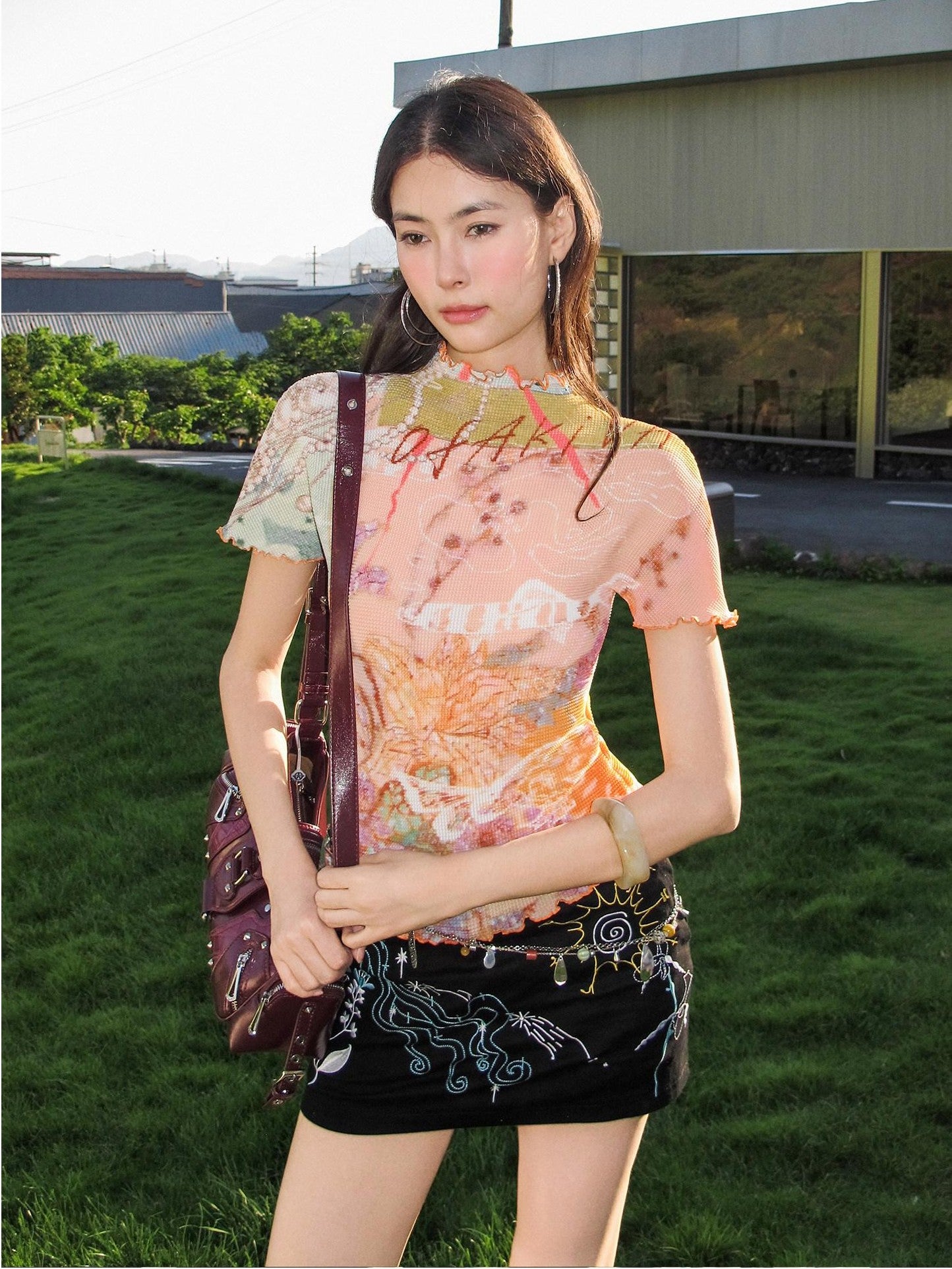 OfAkiva Dream Fragment Ruched Stretch Printed Lettuce Edge Women&