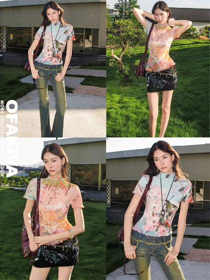 OfAkiva Dream Fragment Ruched Stretch Printed Lettuce Edge Women&