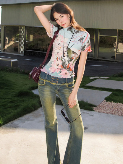 OfAkiva Dream Fragment Ruched Stretch Printed Lettuce Edge Women&