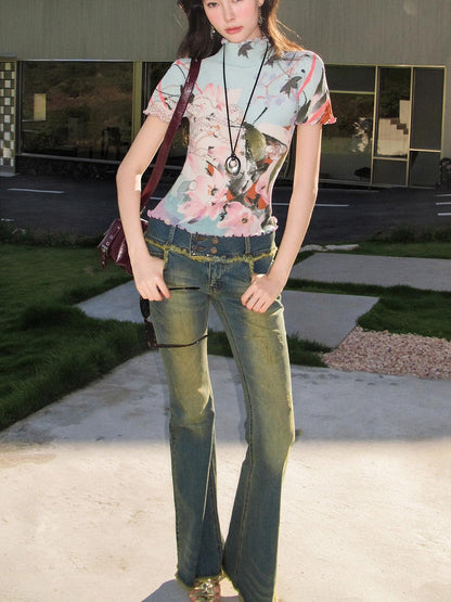 OfAkiva Dream Fragment Ruched Stretch Printed Lettuce Edge Women&
