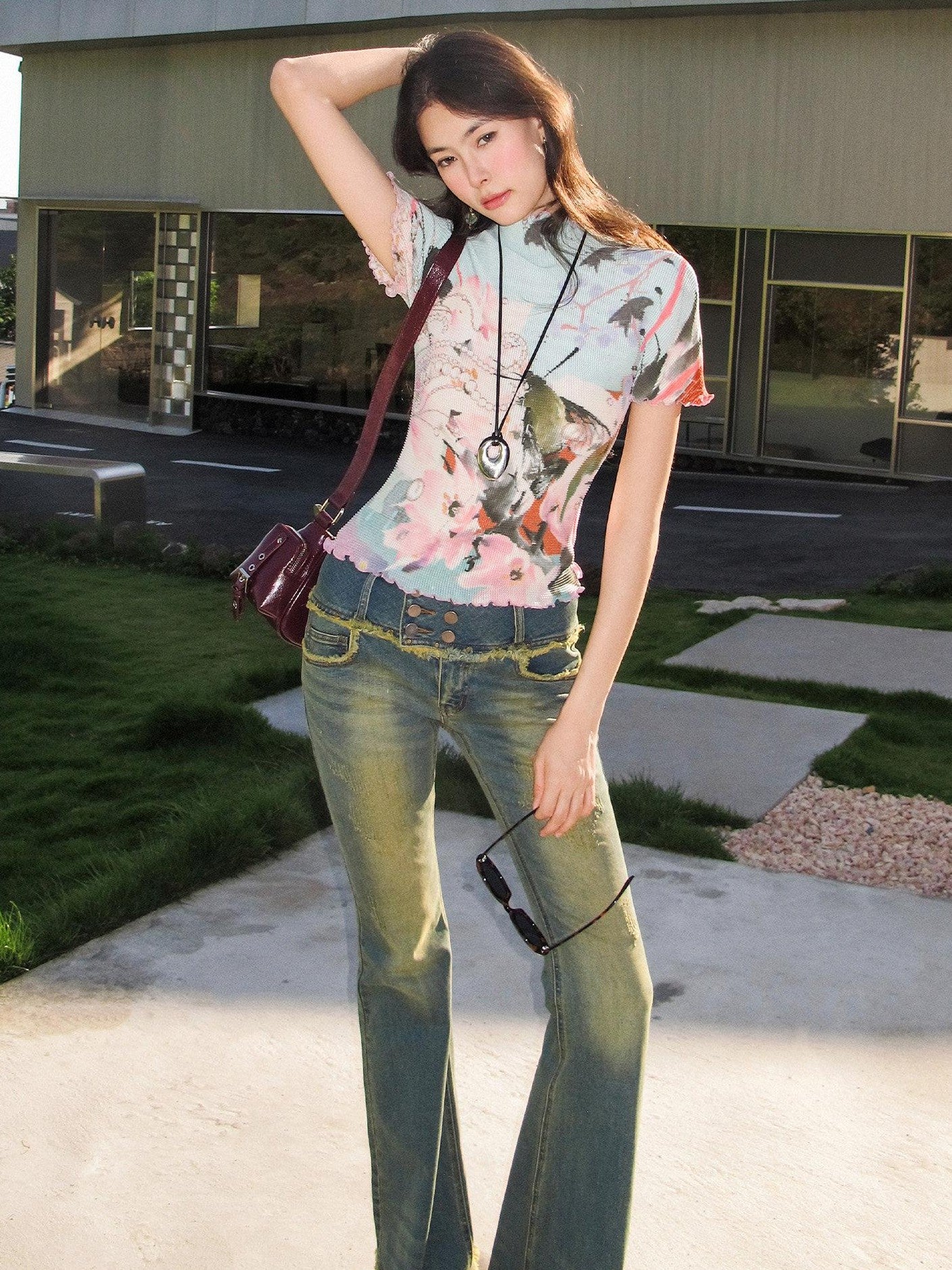 OfAkiva Dream Fragment Ruched Stretch Printed Lettuce Edge Women&