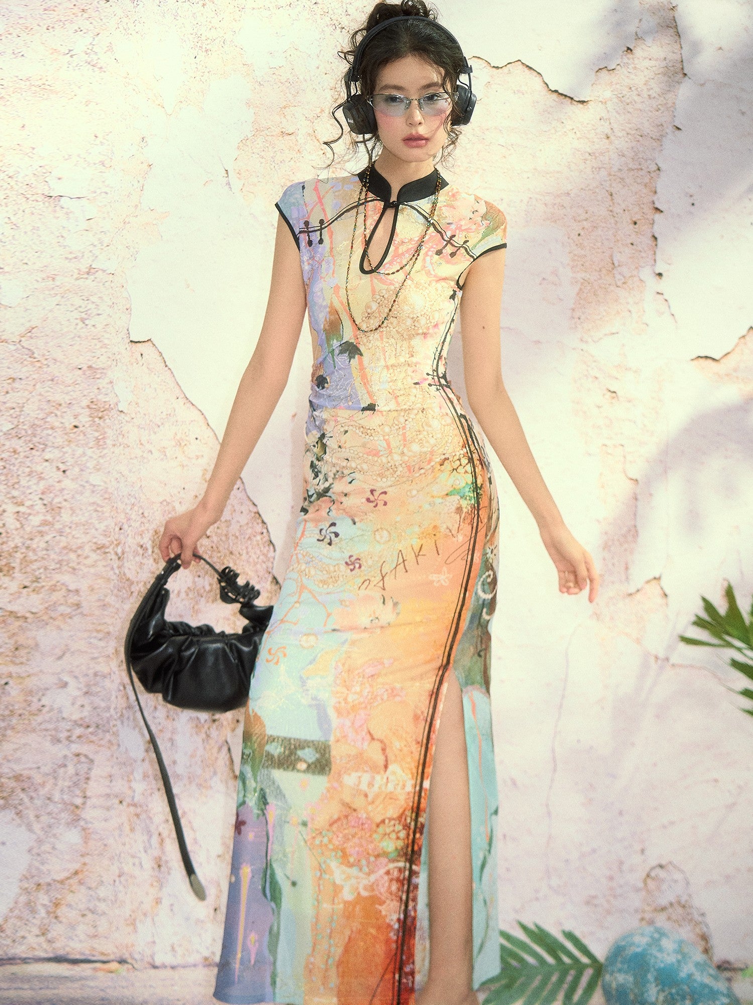 OfAkiva Dream Fragment Sand Print Stand Collar High Waist Women&