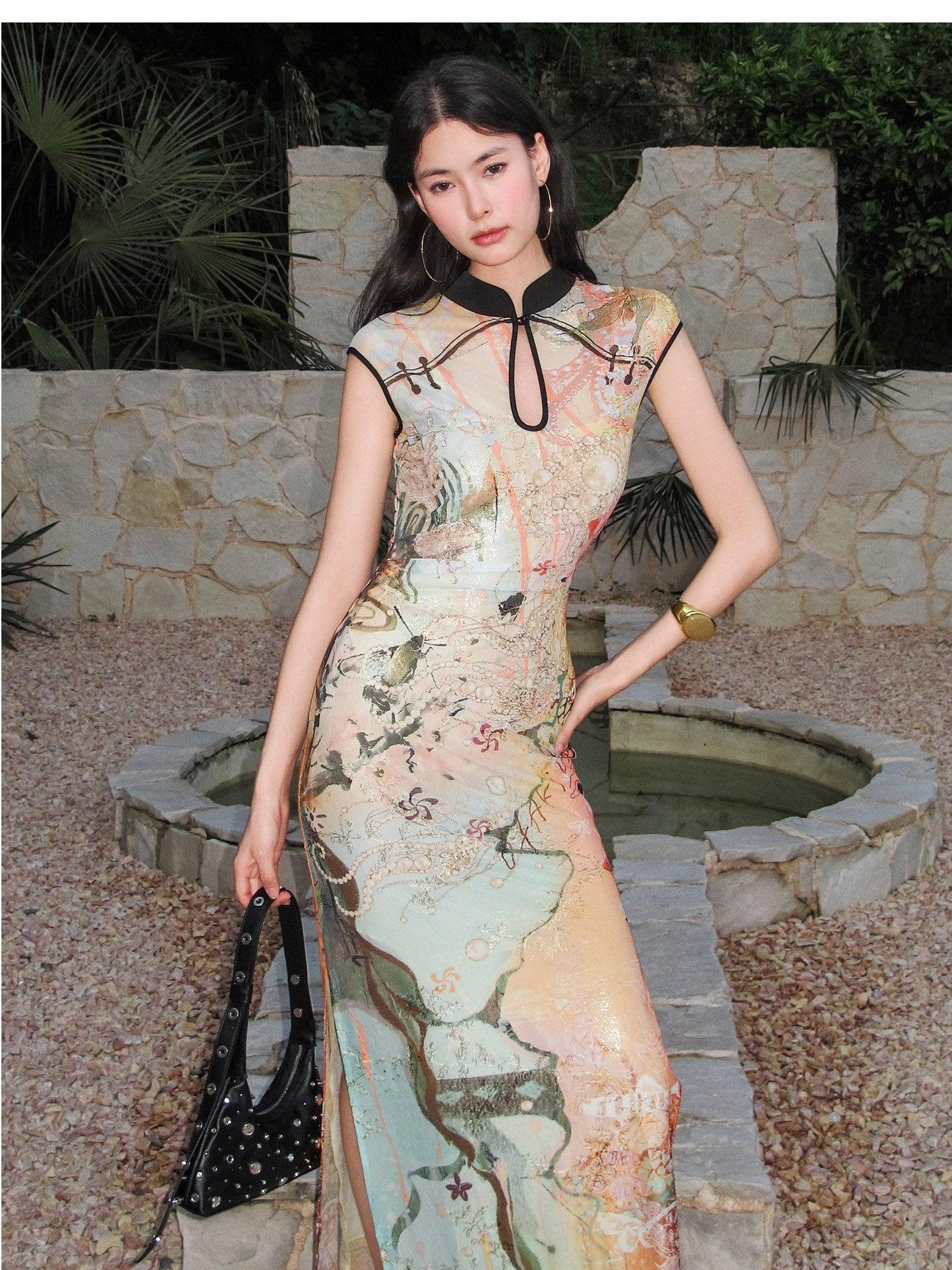 OfAkiva Dream Fragment Sand Print Stand Collar High Waist Women&