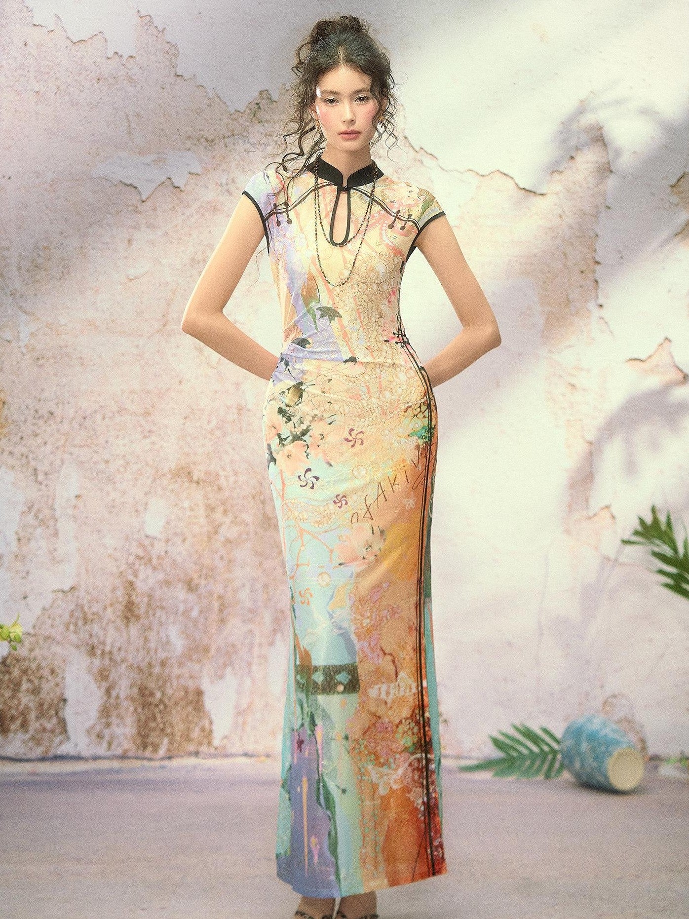 OfAkiva Dream Fragment Sand Print Stand Collar High Waist Women&